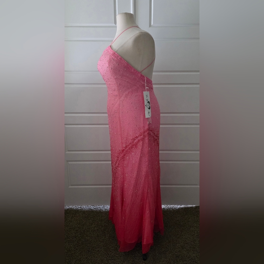 Pink Ombre Beaded A-line Halter Evening Gown - Picture 7 of 10